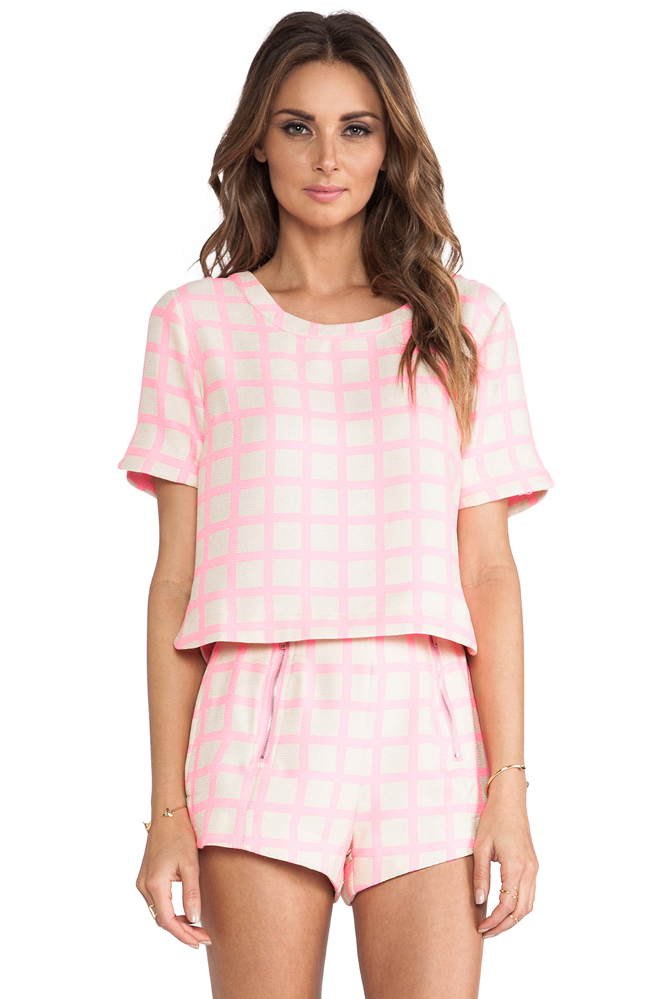 JOA Pink Checked Top in Neon Pink